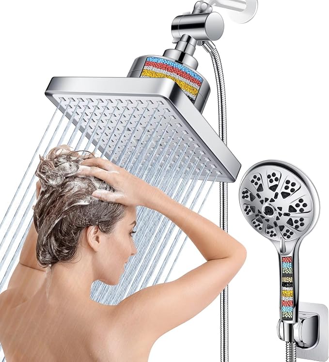 Dual Filtered Rain Shower Head Combo, High Pressure 10 Modes Handheld Shower by BEEKIM