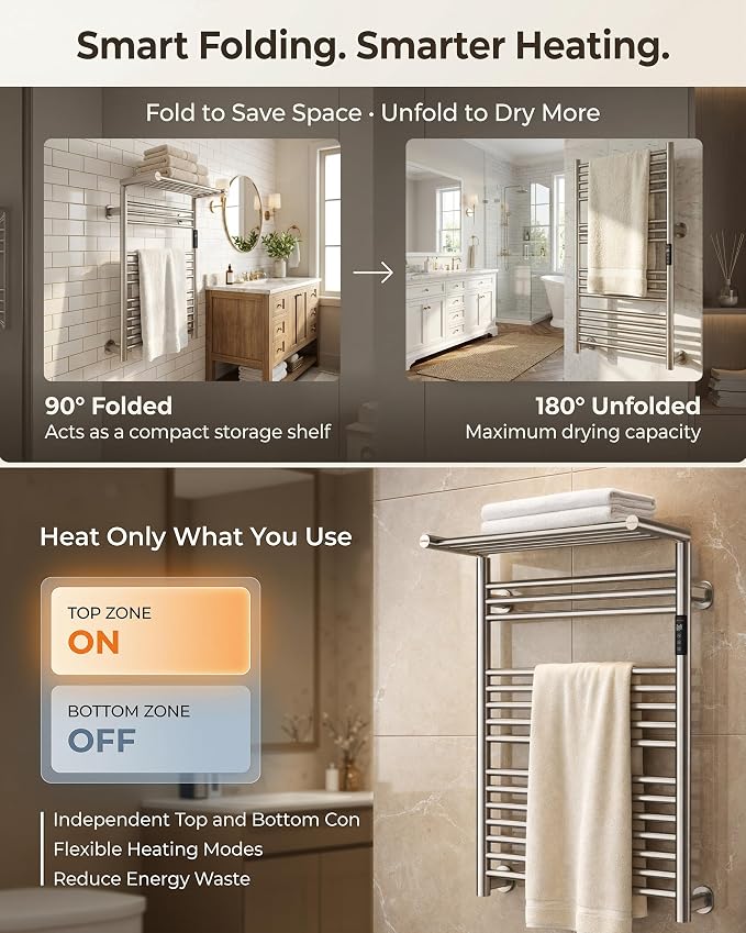 High-Density Foldable Heated Towel Rack, Smart Dual-Zone App/Voice Control - Image 3