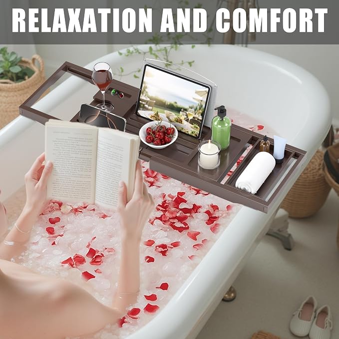 Foldable Bathtub Caddy Tray for Tub, Bamboo Expandable Bath Table Trays - Image 4