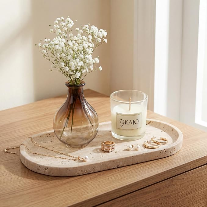 YKAJO Oval Real Marble Tray for Bathroom Kitchen Counter Stone Decorative - Image 2