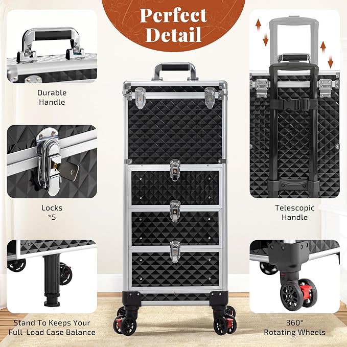 Rolling Makeup Train Case with 3 Drawers, Nail Trolley Cart Salon Station - Image 7