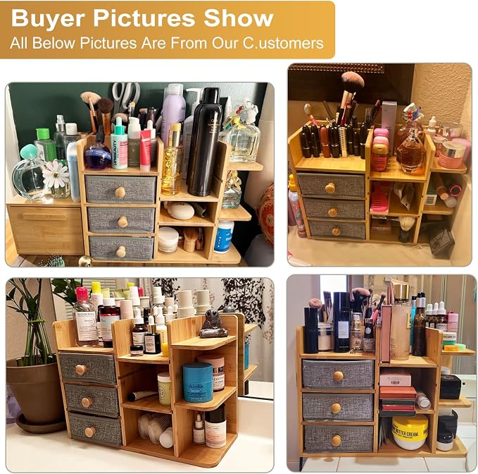 Large Makeup Organizer For Vanity, Large Capacity 3 Tiers Bamboo Bathroom - Image 9