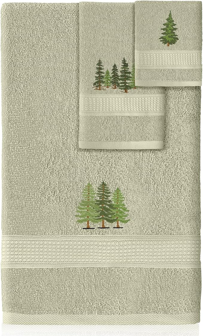 3 Pcs Rustic Pine Trees Bathroom Towel Set Farmhouse Embroidered Pine Trees by Unknown