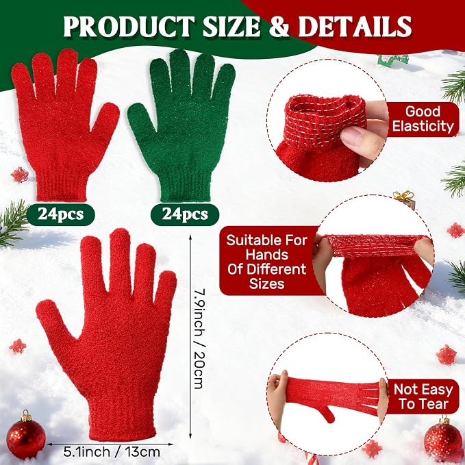 48 Pcs Red and Green Exfoliating Gloves Shower Gloves Bulk Christmas Stocking - Image 2