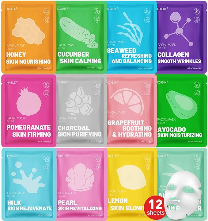 KONEUK 12 Pack Collagen Hydrating Face Masks Skincare, Sheet Face Mask by KONEUK