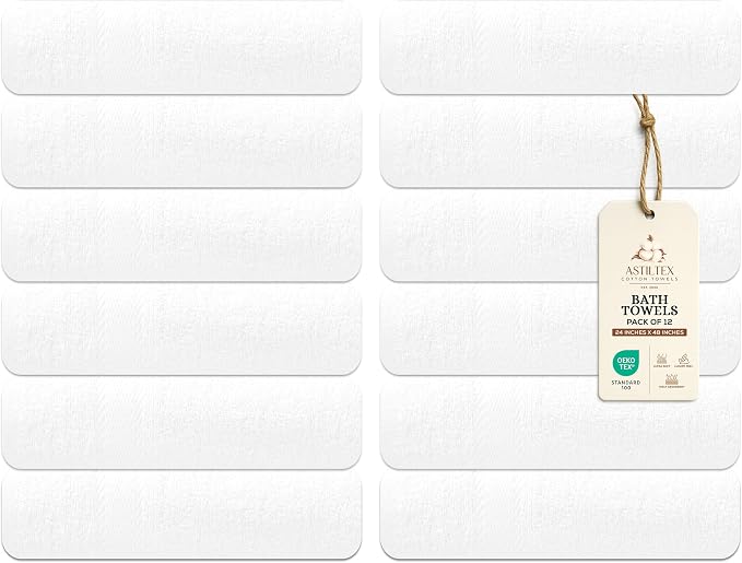 Medium Bath Towels Bulk Set of 12 – 100% Cotton Terry – 24" x 48" – Quick Dry by ASTILTEXCottonTowels