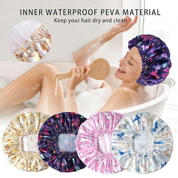 Shower Cap for Women, Double Layers Shower Caps Reusable Waterproof, Bathing - Image 8