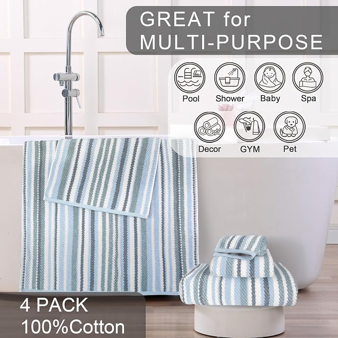 VOOVA & MOVAS Blue Striped Washcloths 6 Pack, 100% Cotton, Ultra Soft, Quick Dry - Image 4