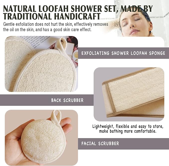 Natural Loofah Sponge Back Exfoliating Scrubber Combo Set, Seep Cleansing Skin - Image 4