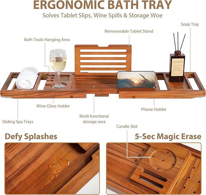 Teak Bathtub Tray | Adjustable Width Tray - Image 2