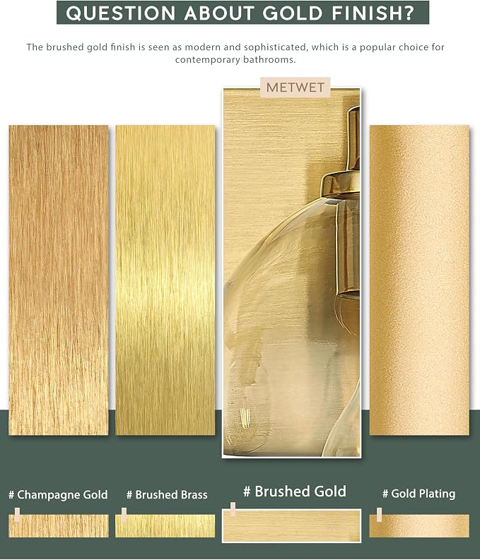 Bathroom Light Fixtures, 2 Light Brushed Gold Vanity Light, Modern Wall Sconces - Image 2