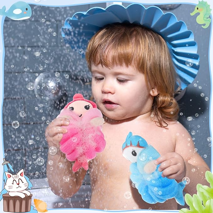 Nuenen 2 Pcs Bath Loofahs Kids Toddler Cute Cartoon Bath Sponges Loofah Pouf - Image 7