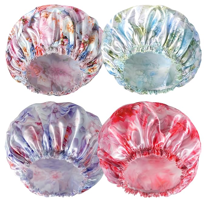 4 PCS Shower Caps for Women, Printing Bath Caps, Double Layers Shower Cap by CHFONGDIRECT