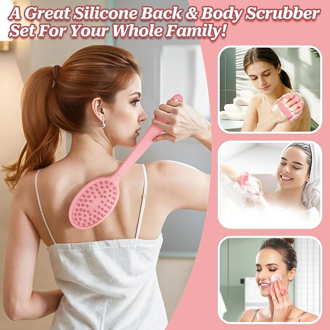Silicone Back/Body/Face Scrubber & Soft Bath Glove Set 4PCS, Gentle Exfoliating - Image 8
