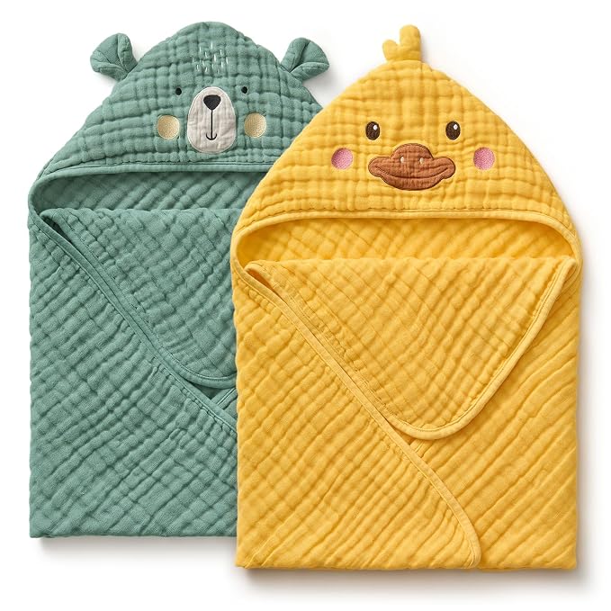 Blissful Diary Muslin Baby Hooded Towel 2 Pack, Soft & Absorbent Bath Towel - Image 8