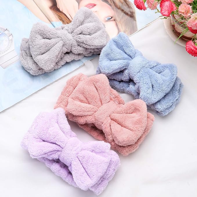 4 Pack Makeup Spa Headband Microfiber Bow Towel Soft Fluffy Washing Face - Image 4