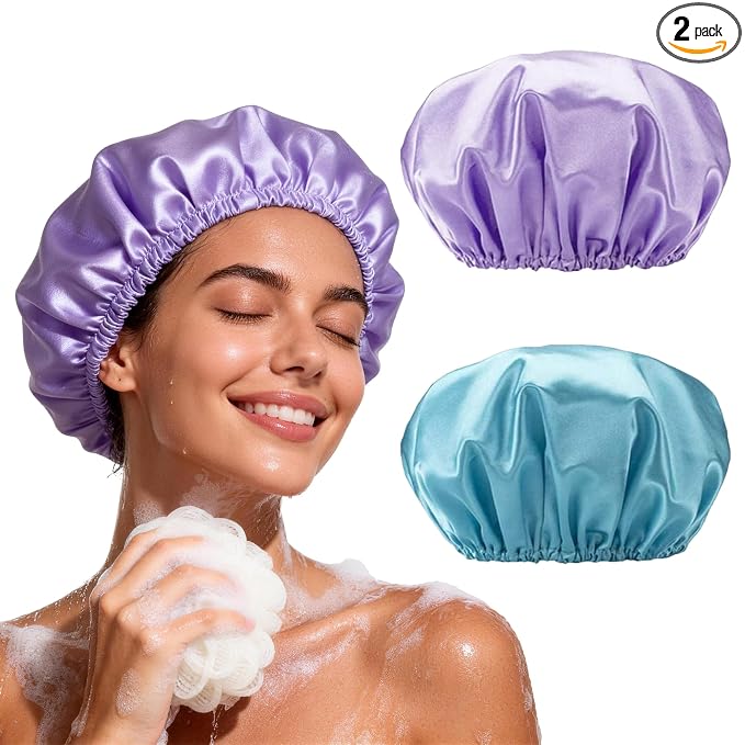 Smilco 2 Pack Shower Caps for Women, Reusable Waterproof Double Layer Bath Cap by Smilco