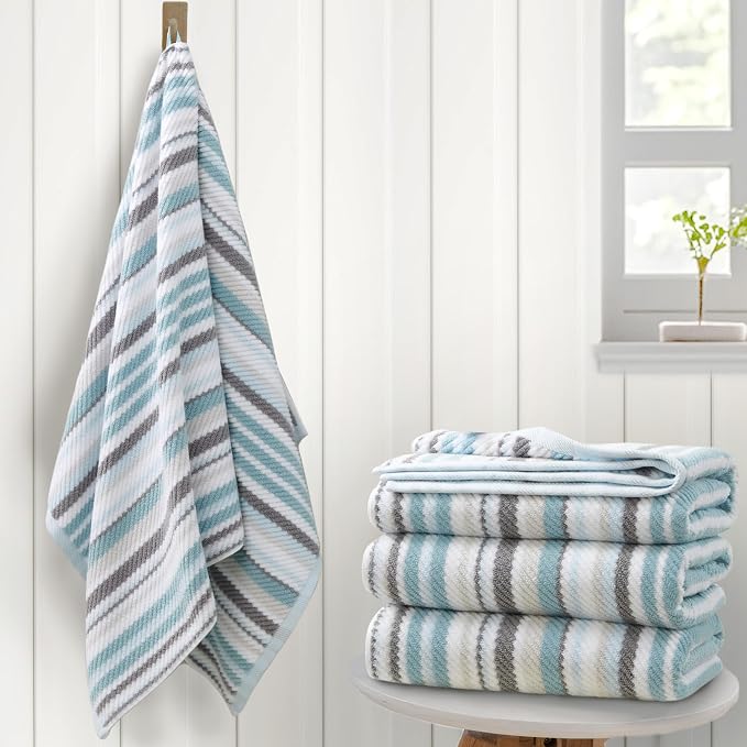 VOOVA & MOVAS Bathroom & Guest Room Aqua Striped Bath Towels by VOOVAMOVAS