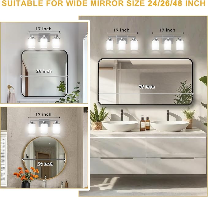 L LOHAS LED Brushed Nickel Bathroom Light Fixtures, 3-Light Vanity Light Over - Image 2