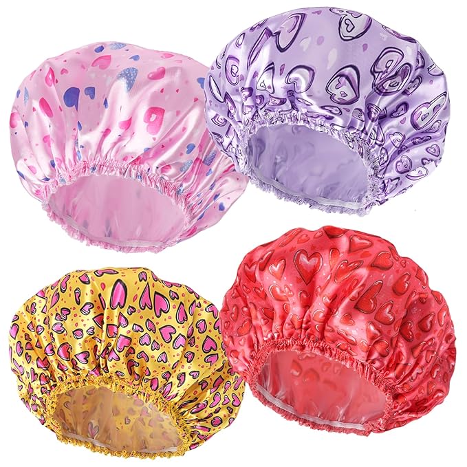 4 PCS Shower Cap for Women, Elastic and Reusable Bath Caps, Double Layers by CHFONGDIRECT