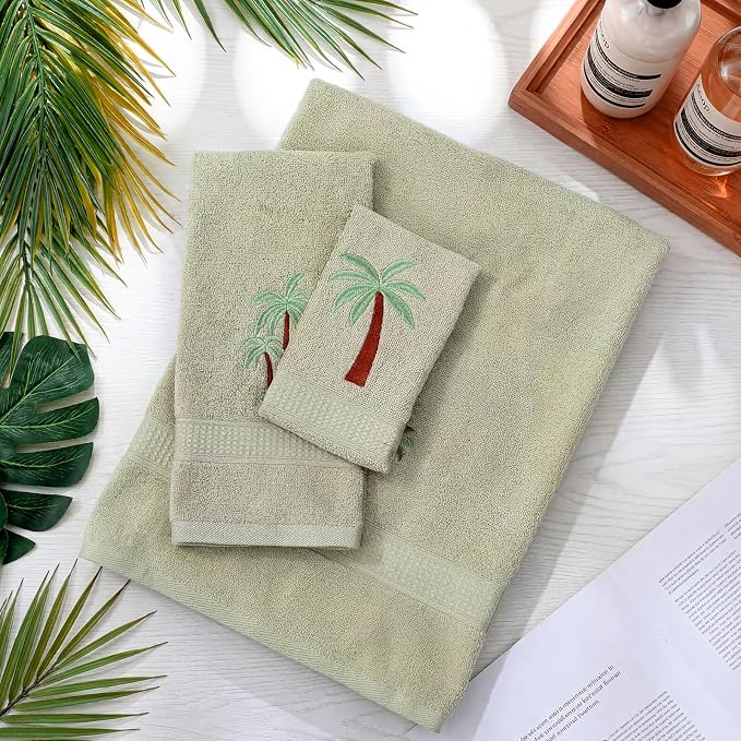 3 Pcs Summer Palm Tree Bathroom Towel Set Farmhouse Embroidered Palm Tree - Image 6
