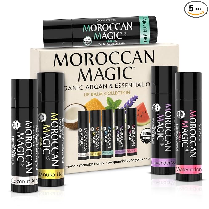 Moroccan Magic Organic Lip Balm 5 Piece Variety Pack Gift Set | Ultra-Hydrating by MoroccanMagic