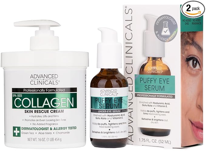 Advanced Clinicals Collagen Cream + Puffy Eye Face Serum 2pc Set | Collagen by AdvancedClinicals