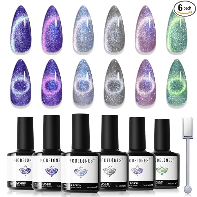 modelones Cat Eye Gel Nail Polish Set, 6 Colors Aurora Galaxy Pearlescent 9D by MODELONES