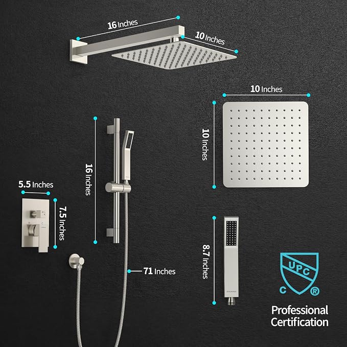 SR SUN RISE Shower System with 10" Rain Showerhead, Square Handheld Showerwith - Image 5