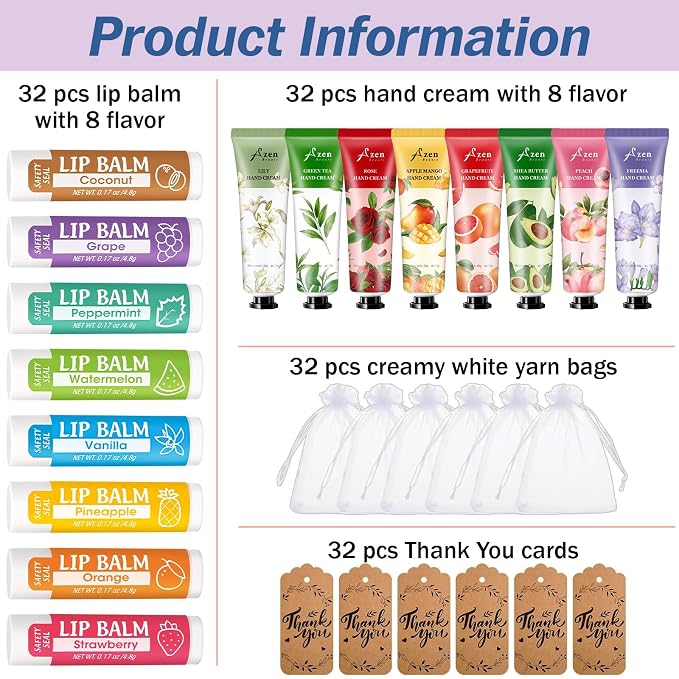 AZEN 32 Sets Bulk Gifts, Hand Cream and Lip Balm Bulk Set - Image 2