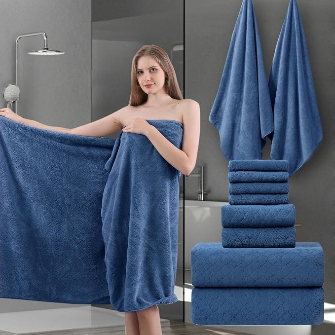8-Piece Navy Bath Towels Set, 2 Oversized Large Bath Towels Sheet, 2 Hand by Ycosy