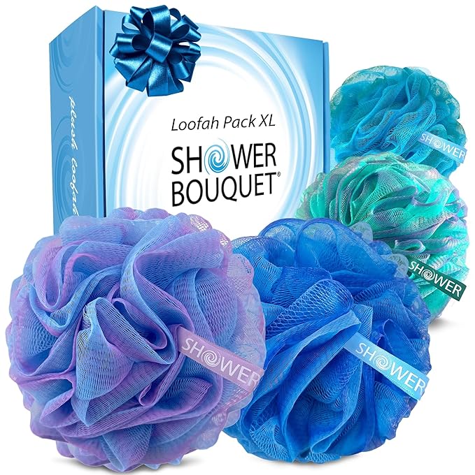 SHOWER BOUQUET Loofah Bath-Sponge XL Swirl-Deep-4-Pack // Extra Large 75g Soft by ShowerBouquet%C2%AE