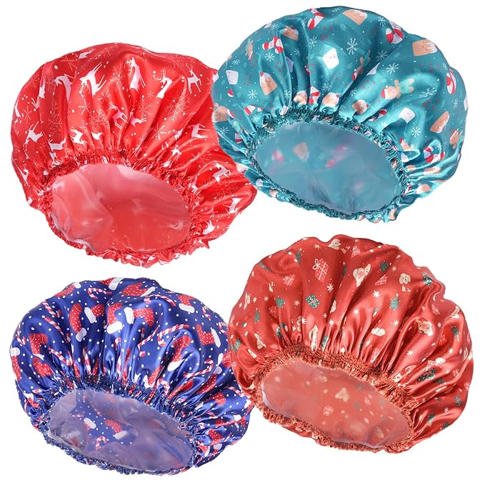 4 PCS Shower Cap for Women, Elastic and Reusable Bath Caps, Double Layers by CHFONGDIRECT
