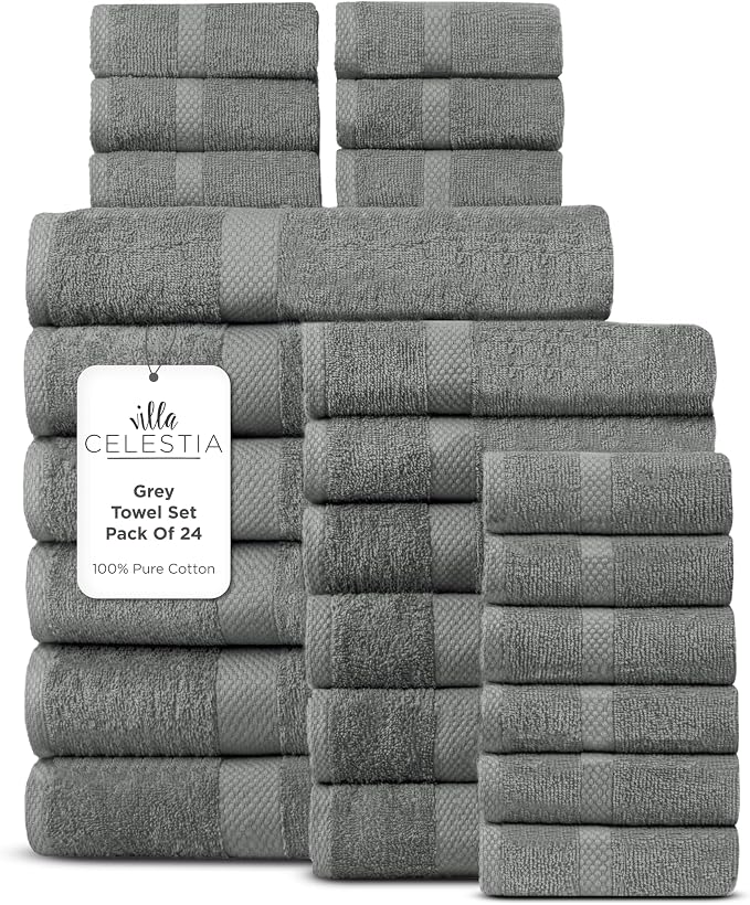 100% Cotton Bath Towel Set of 24-6 Bath Towels, 6 Hand Towels, 12 Wash Cloths by VillaCelestia