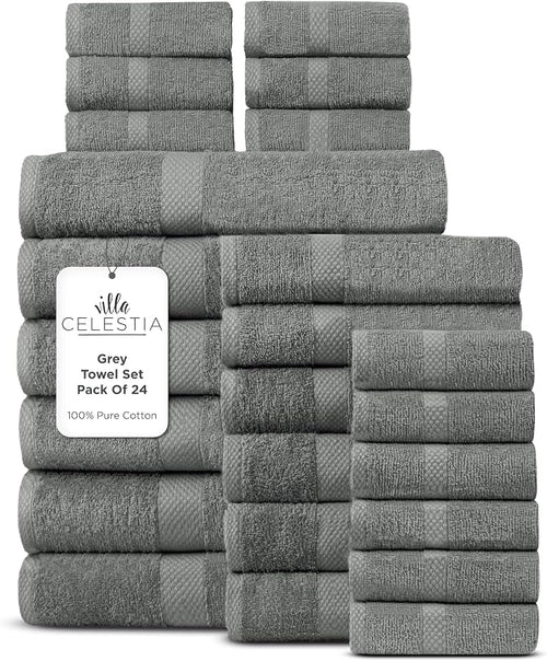 100% Cotton Bath Towel Set of 24-6 Bath Towels, 6 Hand Towels, 12 Wash Cloths by VillaCelestia