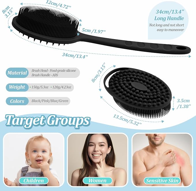 Silicone Back & Body Scrubber Set 2PCS, 13.4'' Gentle Exfoliating Back Scrubber - Image 2
