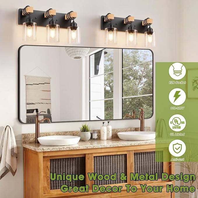 Licperron Farmhouse 3-Lights Wood Bathroom Vanity Light, Rustic Black Bathroom - Image 6