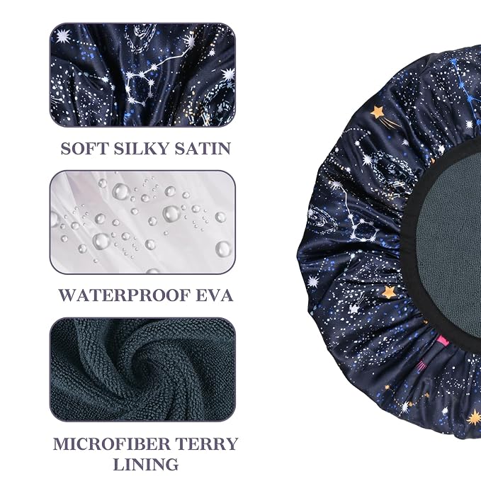 Navy Astral Print Satin Shower Cap, Three-Layer Terry Cloth Lined, - Image 3