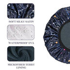 Navy Astral Print Satin Shower Cap, Three-Layer Terry Cloth Lined, - Image 3