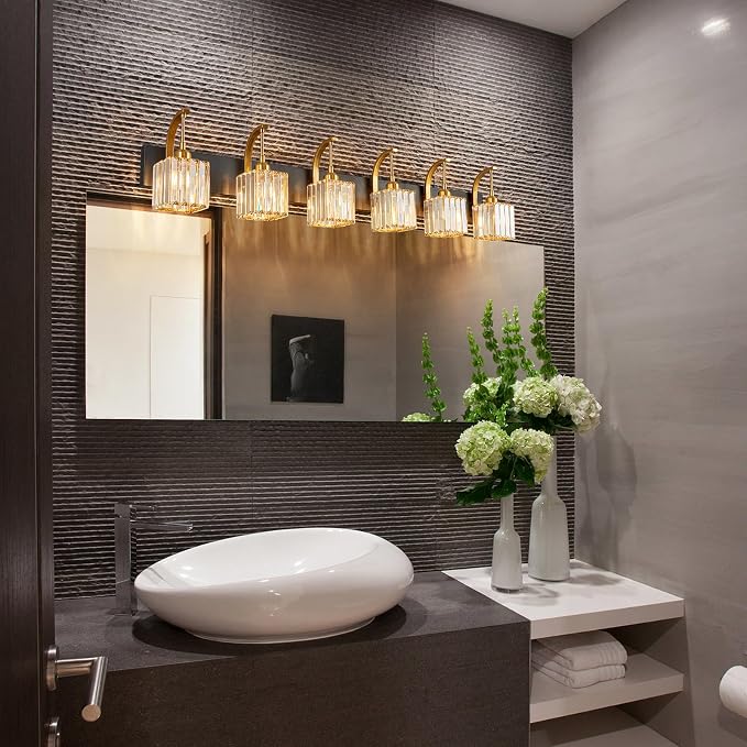 Crystal Vanity Lights 6-Light Black Gold Bathroom Vanity Lights Modern Crystal - Image 2