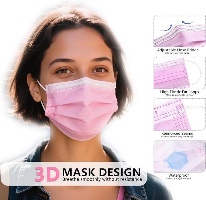akgk 100PCS Pink Disposable Face Masks, 3-Ply Breathable Pink Face Mask - Image 4