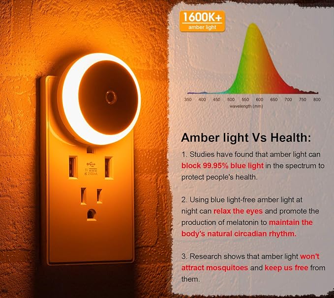 Amber Night Light Plug in, Dusk to Dawn Sensor, Automatic Nightlight, Energy - Image 3