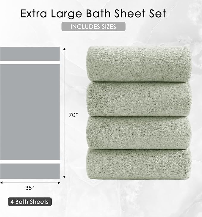 4 Piece Extra Large Bath Towel 35"x70" Oversized Bath Sheet Green Bath Towel Set - Image 5