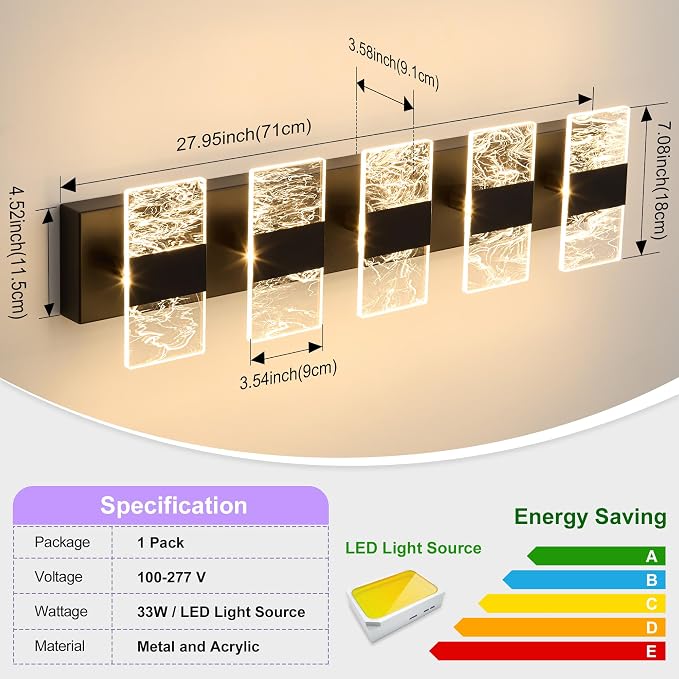 Modern LED Bathroom Light Fixtures Dimmable 5-Light Black Vanity Light - Image 5