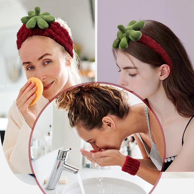 Ivyu Spa Skincare Headbands& Wristband Set，Cute Strawberry Makeup Headband - Image 6