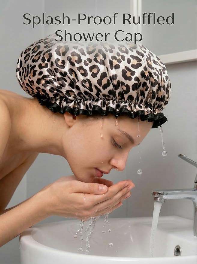 Aquior Shower Cap, Reusable Waterproof Leopard Print Hair Cap, Dual Layer Large - Image 8