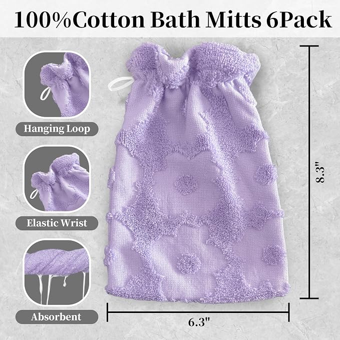 VOOVA & MOVAS 6-Pack Shower Wash Cloth, 100% Cotton Soft Absorbent Bath Mitts - Image 3