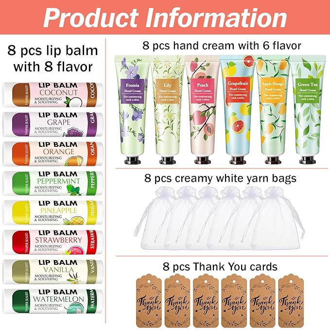 AZEN 8 Sets Bulk Gifts, Hand Cream and Lip Balm Bulk Set - Image 2