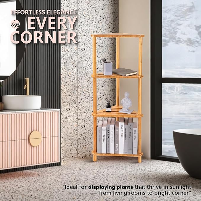 GUGIGP 4-Tier Corner Shower Caddy Stand Bamboo, Standing Corner Shower Shelf - Image 8