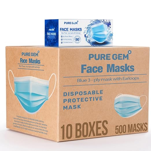 3-Ply Disposable Face Masks, Soft on Skin, Pack of Blue Masks by PURE+GEM